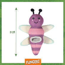 Load image into Gallery viewer, Purple and pink butterfly toy with dimensions and Flingerz branding on a white background