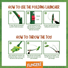 Load image into Gallery viewer, Instructions on how to use a folding launcher and throw a toy, branded as Flingerz.