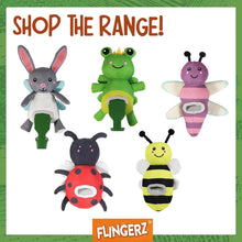 Load image into Gallery viewer, Set of colorful plush toys shaped like a rabbit, frog, bee, ladybug, and caterpillar with &#39;Flingerz&#39; branding.