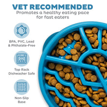 Load image into Gallery viewer, Blue pet food bowl with kibble, featuring text about vet recommendations and product features.