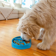 Load image into Gallery viewer, Dog eating from a blue slow feeder on a wooden floor.