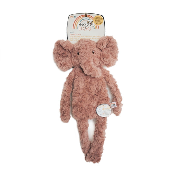 Plush pink elephant toy for dogs with a flat tummy and velcro closure, packaged with a label indicating it's part of the 'My Dog' luxury plush toys collection.