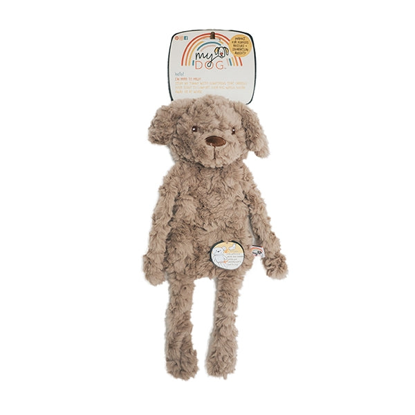 A plush dog toy with a flat tummy designed to be stuffed with scent-carrying materials, featuring crinkle paper and a squeaker.