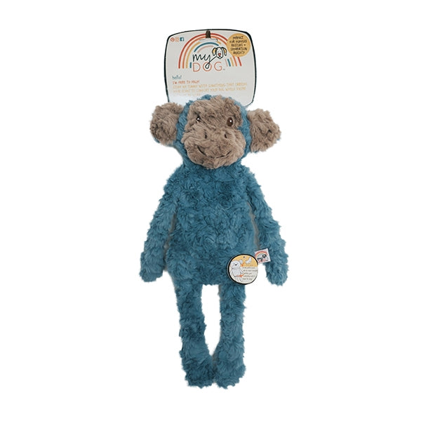 A plush blue monkey dog toy with a brown face and hands, and a label that reads 'My Dog' on its chest.